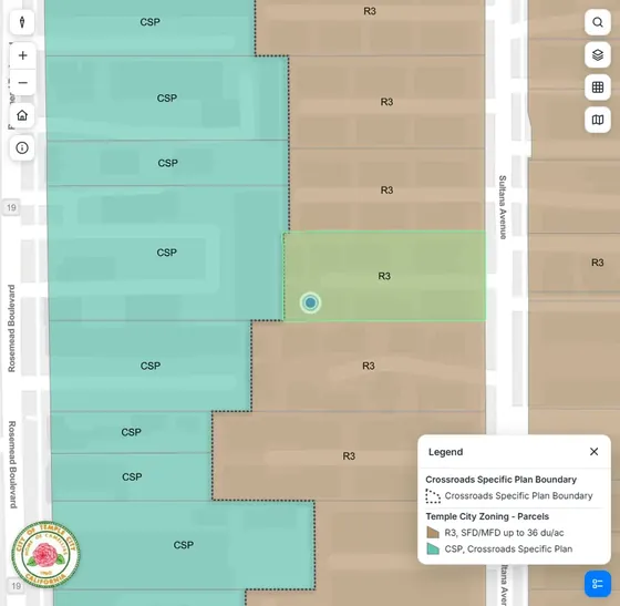 Map of 5631 Sultana Ave in Temple City, highlighted in the R-3 district beside the Crossroads Specific Plan